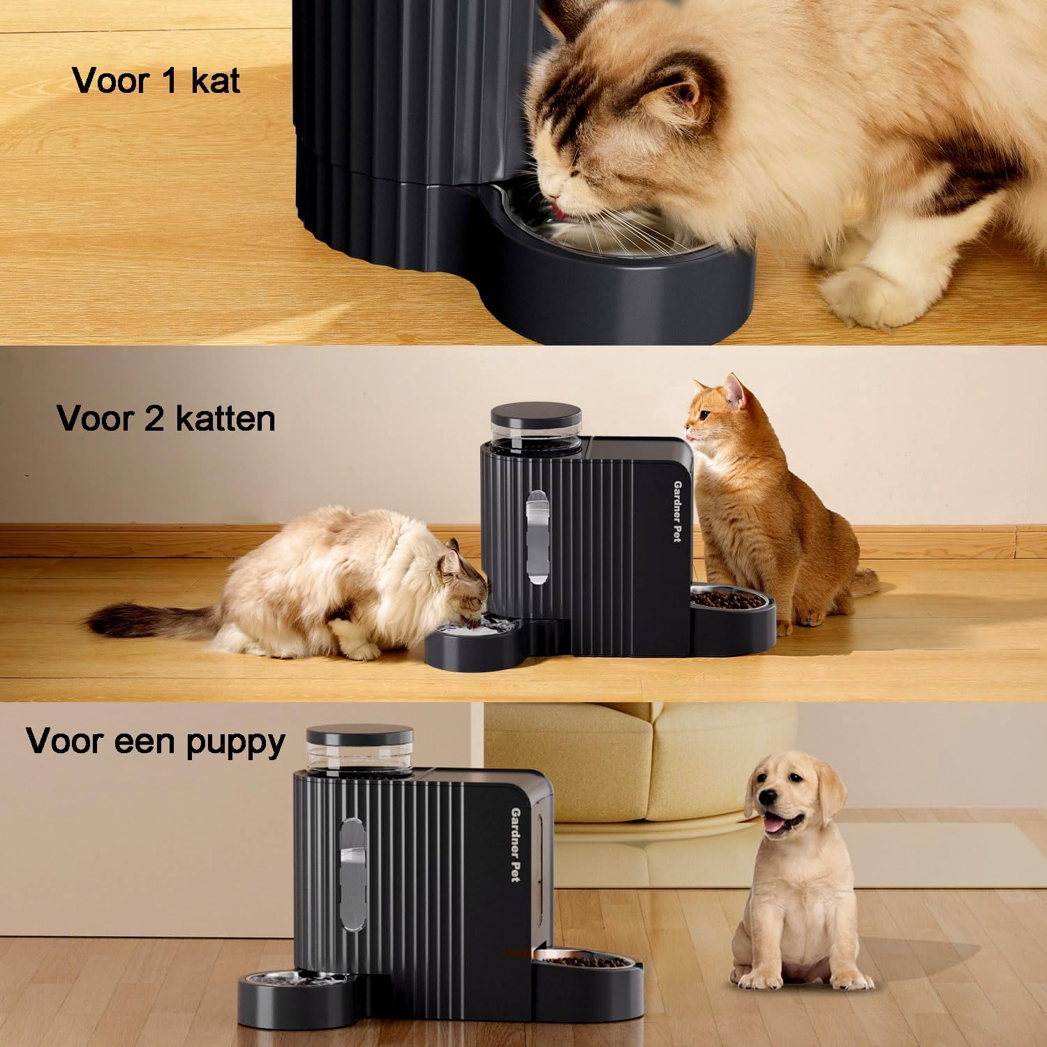 Gardner Pet Automatische waterdispenser 3 l x 2, waterdispenser voor katten en honden door zwaartekracht, voederstation met roestvrijstalen kom, geen stroom, BPA-vrij, hoek verstelbaar, zwart
