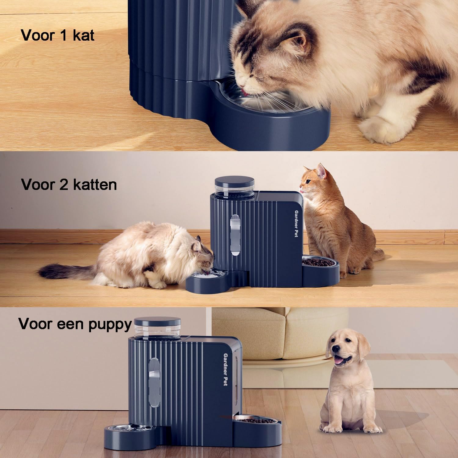 Gardner Pet Automatische waterdispenser 3 l x 2, waterdispenser voor katten en honden door zwaartekracht, voederstation met roestvrijstalen kom, geen stroom, BPA-vrij, hoek verstelbaar, zwart