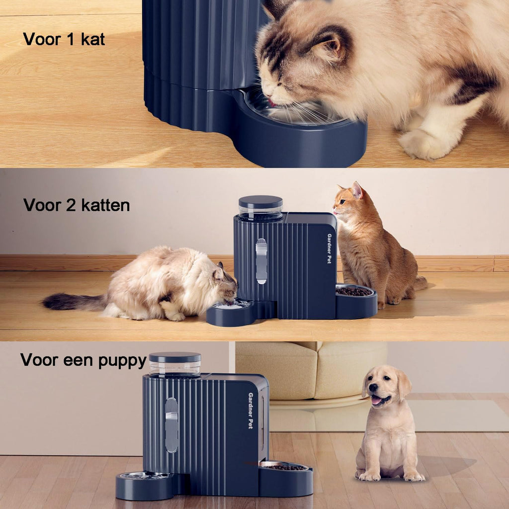 Gardner Pet Automatische waterdispenser 3 l x 2, waterdispenser voor katten en honden door zwaartekracht, voederstation met roestvrijstalen kom, geen stroom, BPA-vrij, hoek verstelbaar, zwart