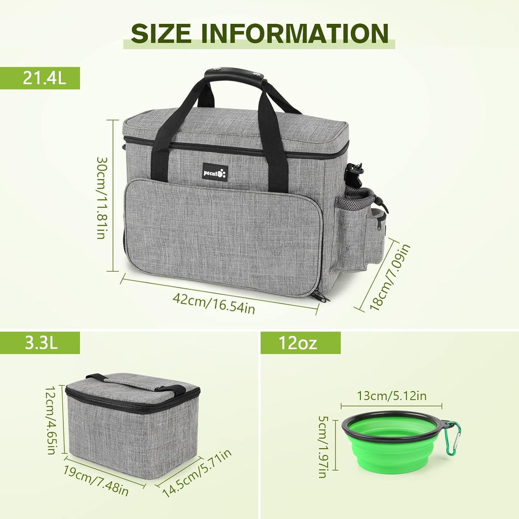 pecute Grote draagbare reistas voor honden, voor op reis, huisdier met multifunctionele zakken, draagtas voor buitengebruik, set van 2 voedselzakken + kommen