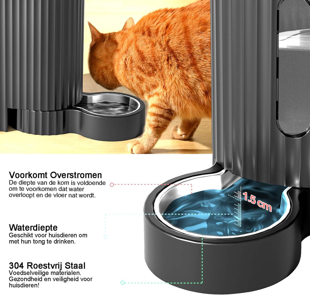 Gardner Pet Automatische waterdispenser 3 l x 2, waterdispenser voor katten en honden door zwaartekracht, voederstation met roestvrijstalen kom, geen stroom, BPA-vrij, hoek verstelbaar, zwart