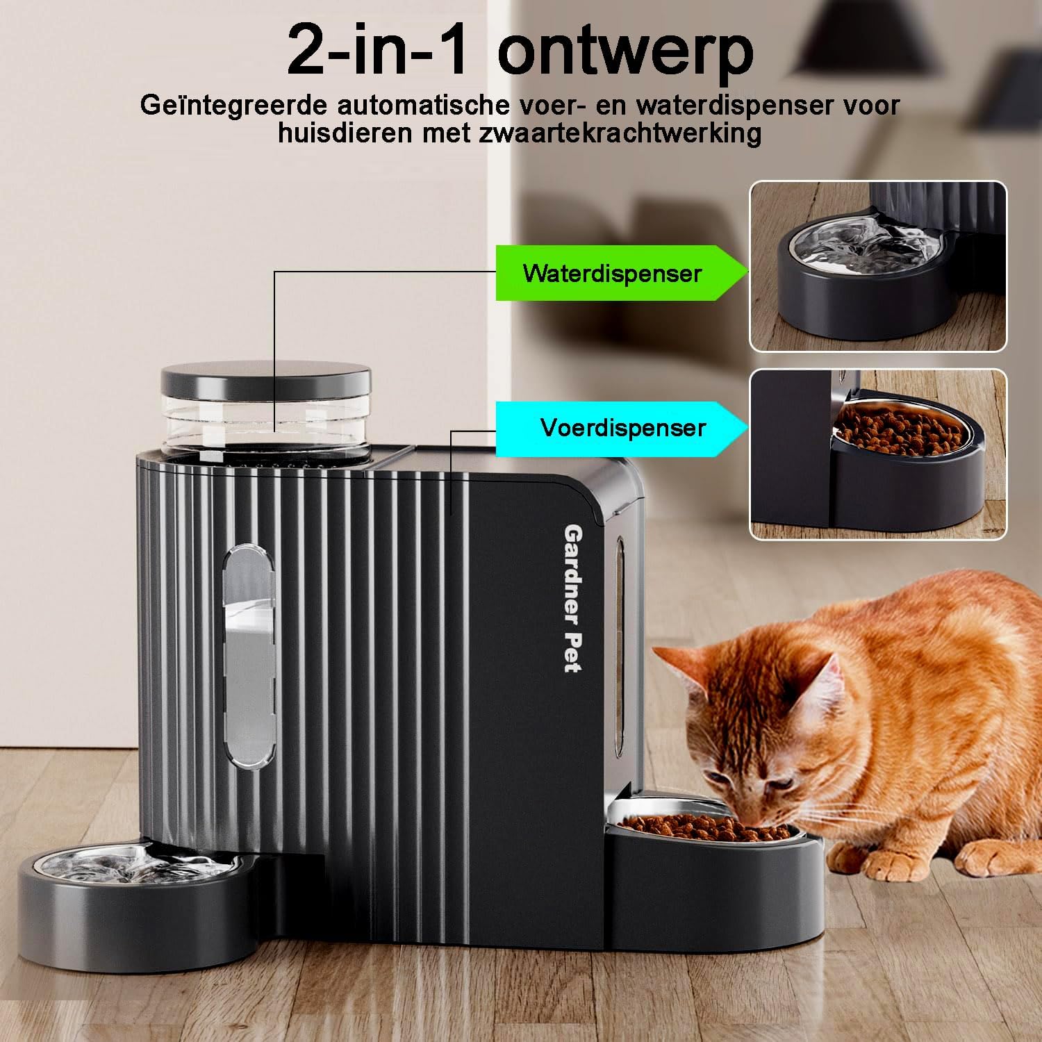 Gardner Pet Automatische waterdispenser 3 l x 2, waterdispenser voor katten en honden door zwaartekracht, voederstation met roestvrijstalen kom, geen stroom, BPA-vrij, hoek verstelbaar, zwart