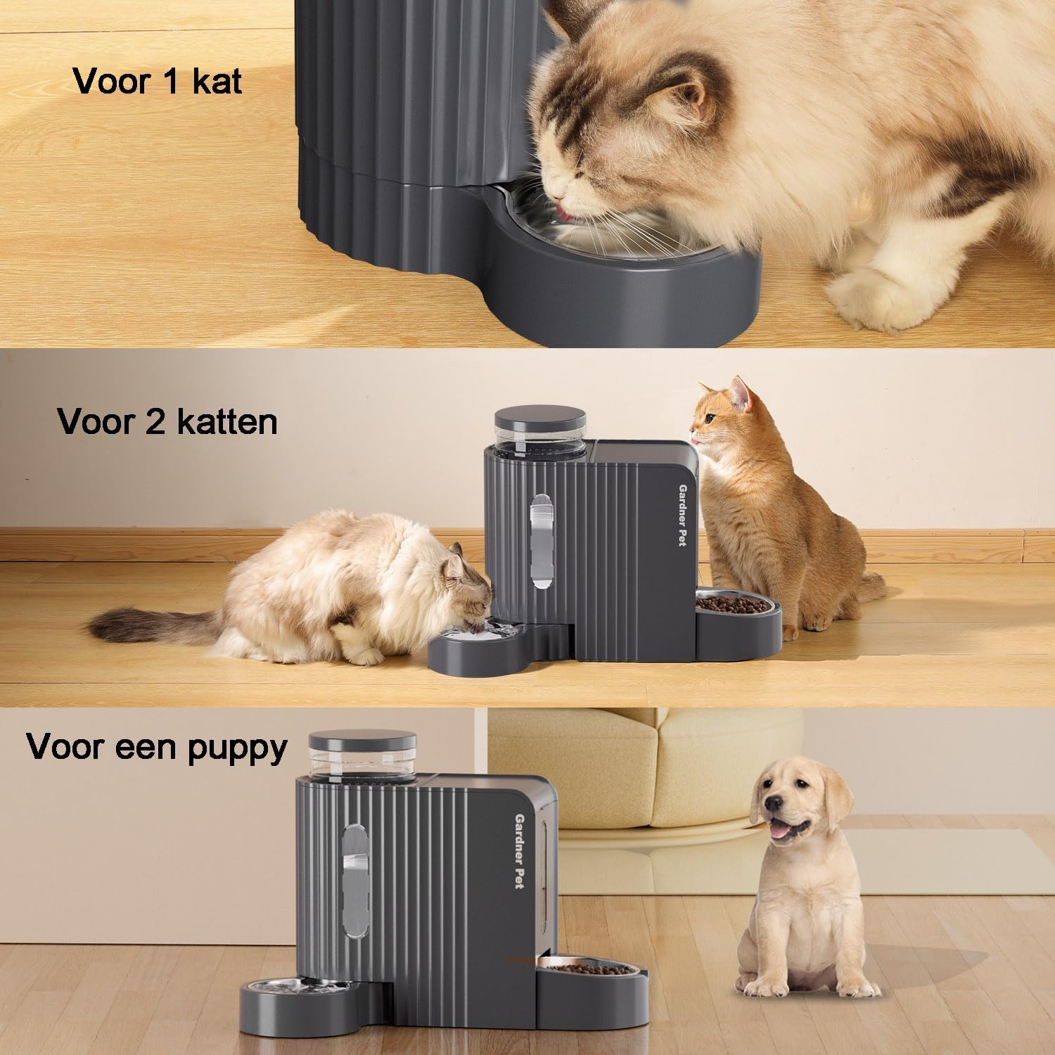 Gardner Pet Automatische waterdispenser 3 l x 2, waterdispenser voor katten en honden door zwaartekracht, voederstation met roestvrijstalen kom, geen stroom, BPA-vrij, hoek verstelbaar, zwart
