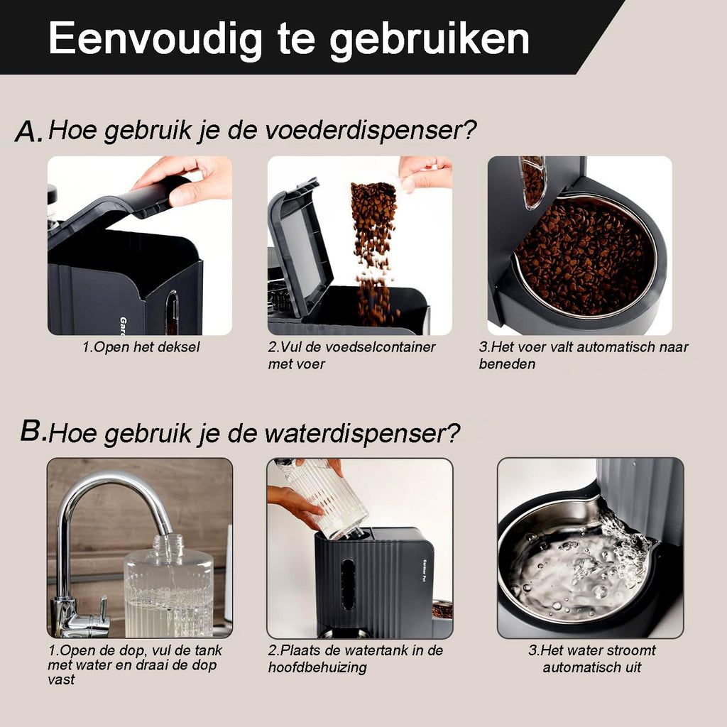 Gardner Pet Automatische waterdispenser 3 l x 2, waterdispenser voor katten en honden door zwaartekracht, voederstation met roestvrijstalen kom, geen stroom, BPA-vrij, hoek verstelbaar, zwart