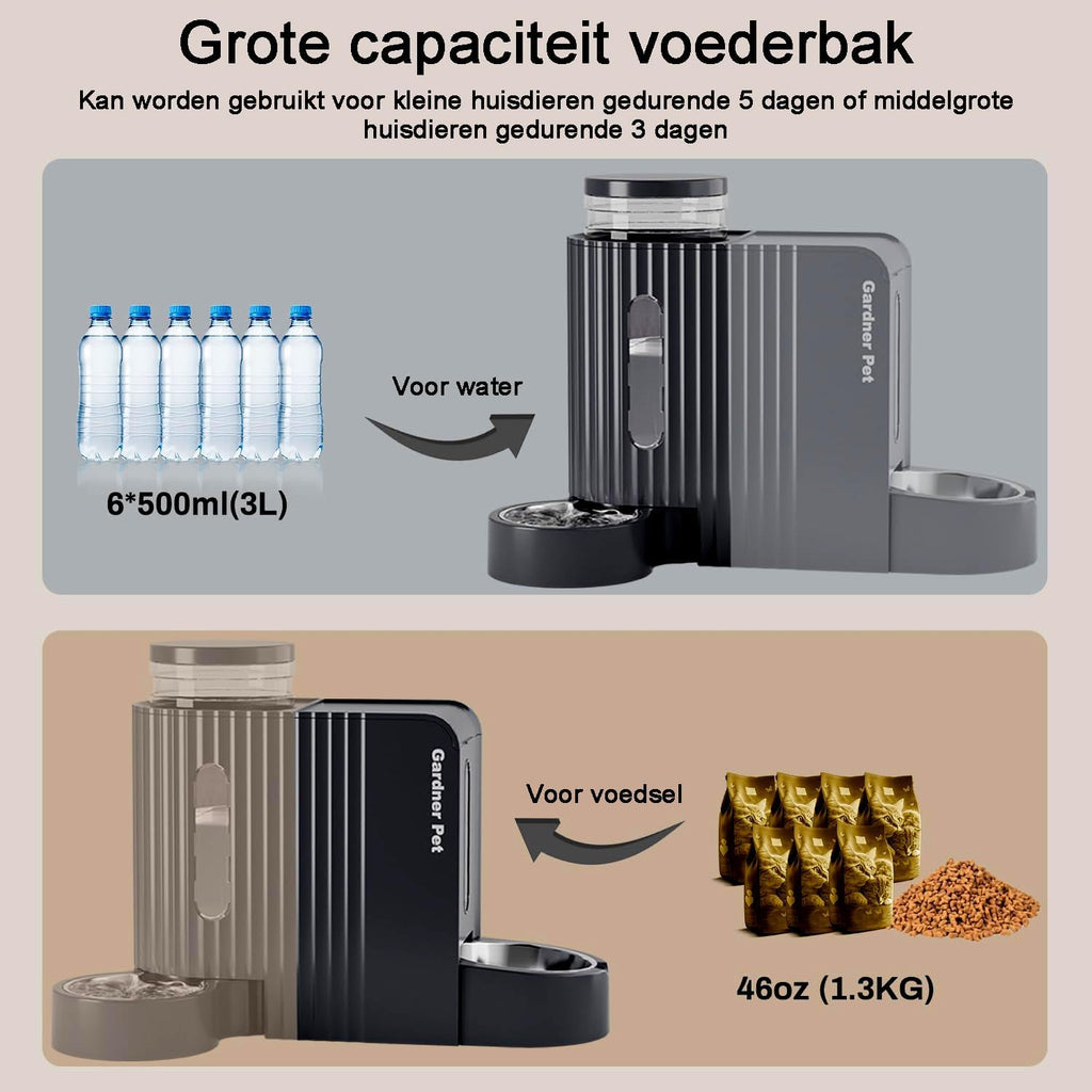 Gardner Pet Automatische waterdispenser 3 l x 2, waterdispenser voor katten en honden door zwaartekracht, voederstation met roestvrijstalen kom, geen stroom, BPA-vrij, hoek verstelbaar, zwart