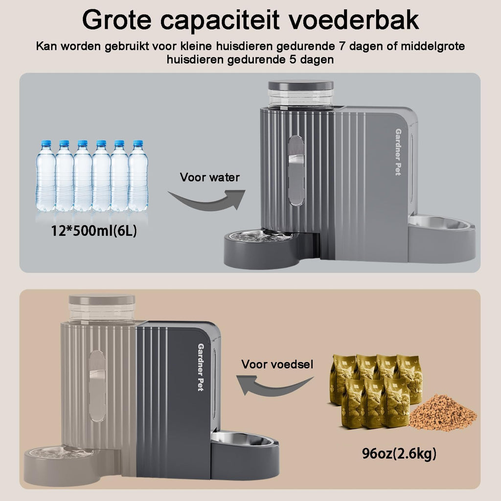 Gardner Pet Automatische waterdispenser 3 l x 2, waterdispenser voor katten en honden door zwaartekracht, voederstation met roestvrijstalen kom, geen stroom, BPA-vrij, hoek verstelbaar, zwart