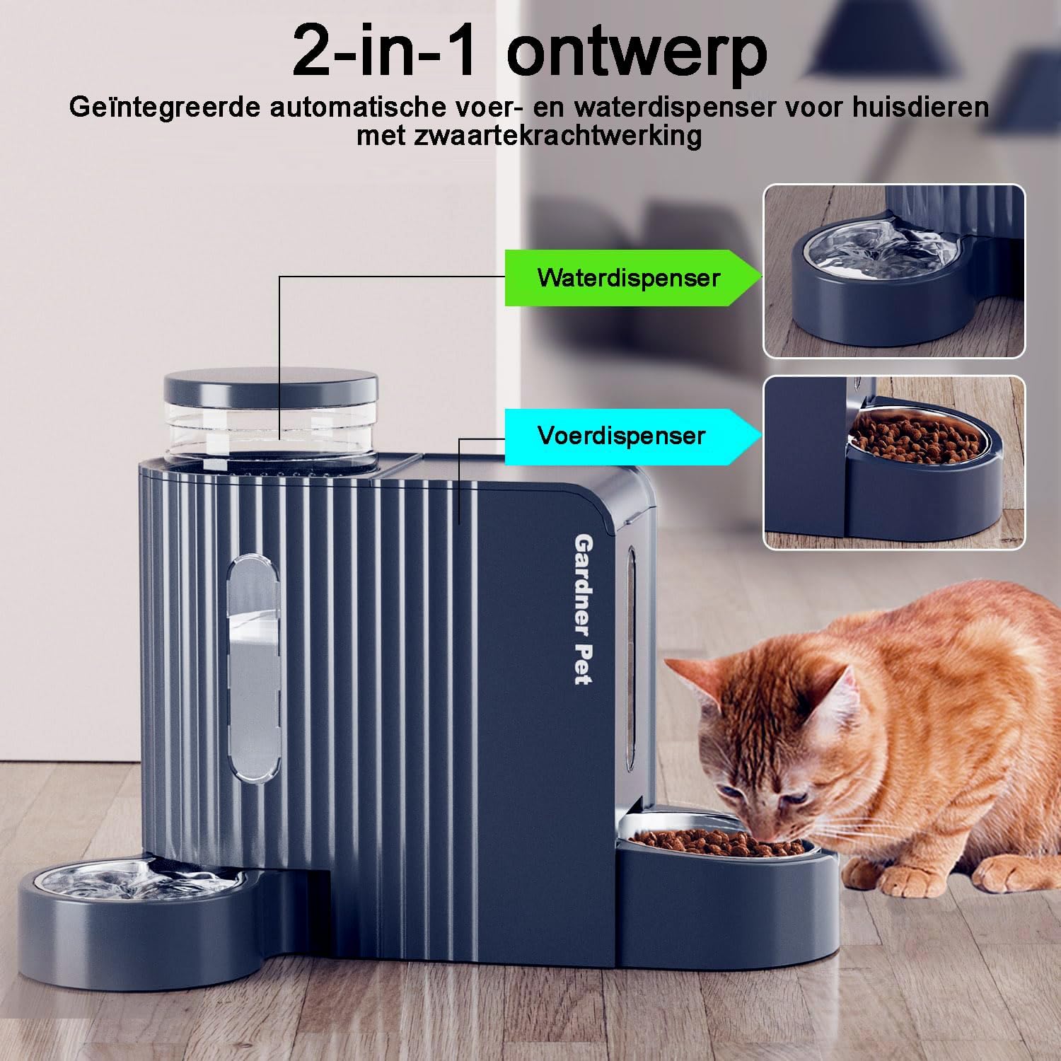 Gardner Pet Automatische waterdispenser 3 l x 2, waterdispenser voor katten en honden door zwaartekracht, voederstation met roestvrijstalen kom, geen stroom, BPA-vrij, hoek verstelbaar, zwart