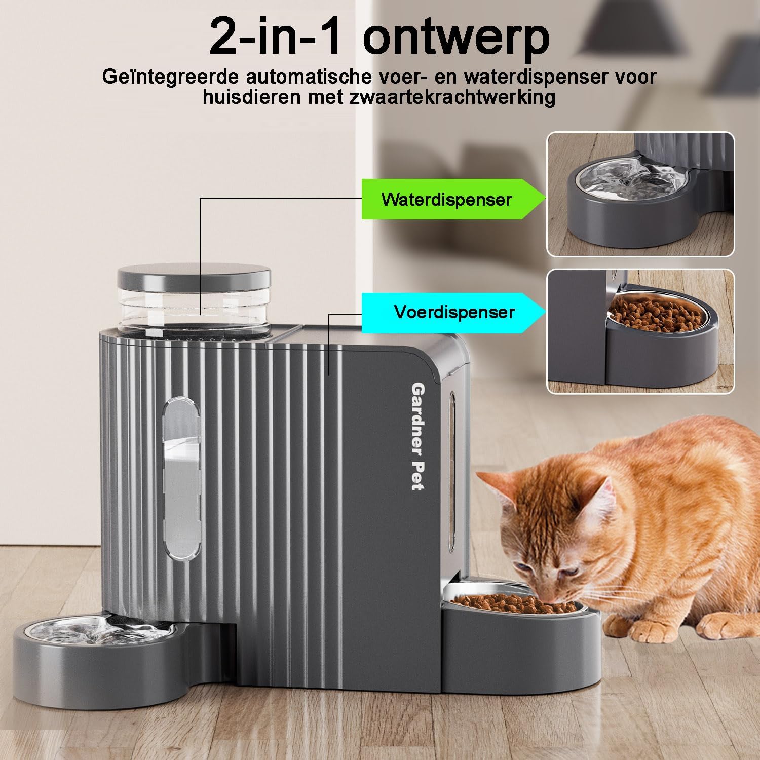 Gardner Pet Automatische waterdispenser 3 l x 2, waterdispenser voor katten en honden door zwaartekracht, voederstation met roestvrijstalen kom, geen stroom, BPA-vrij, hoek verstelbaar, zwart