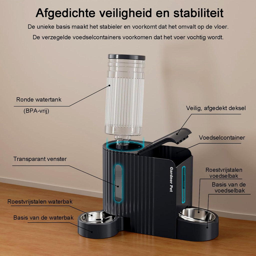 Gardner Pet Automatische waterdispenser 3 l x 2, waterdispenser voor katten en honden door zwaartekracht, voederstation met roestvrijstalen kom, geen stroom, BPA-vrij, hoek verstelbaar, zwart